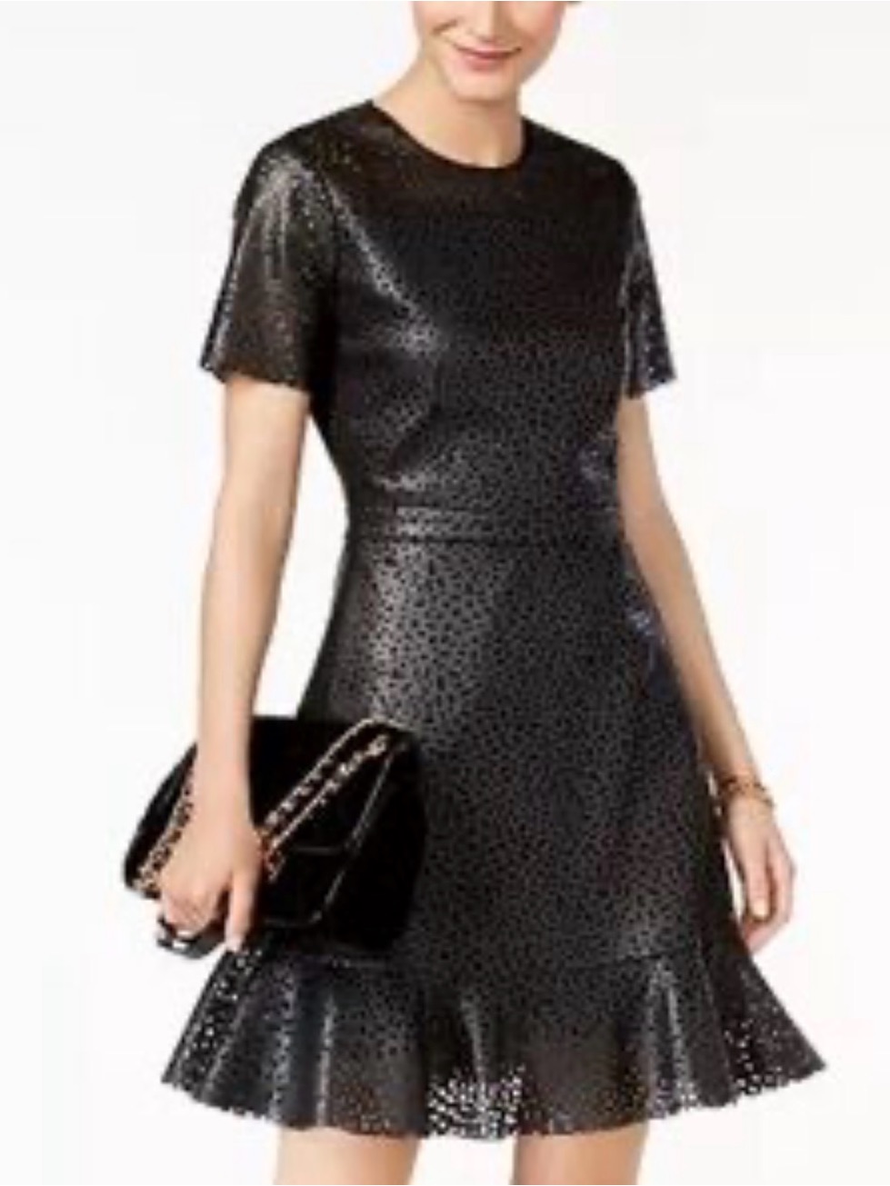 Michael Kors Black Short-Sleeve Textured Fit-And-Flare Dress